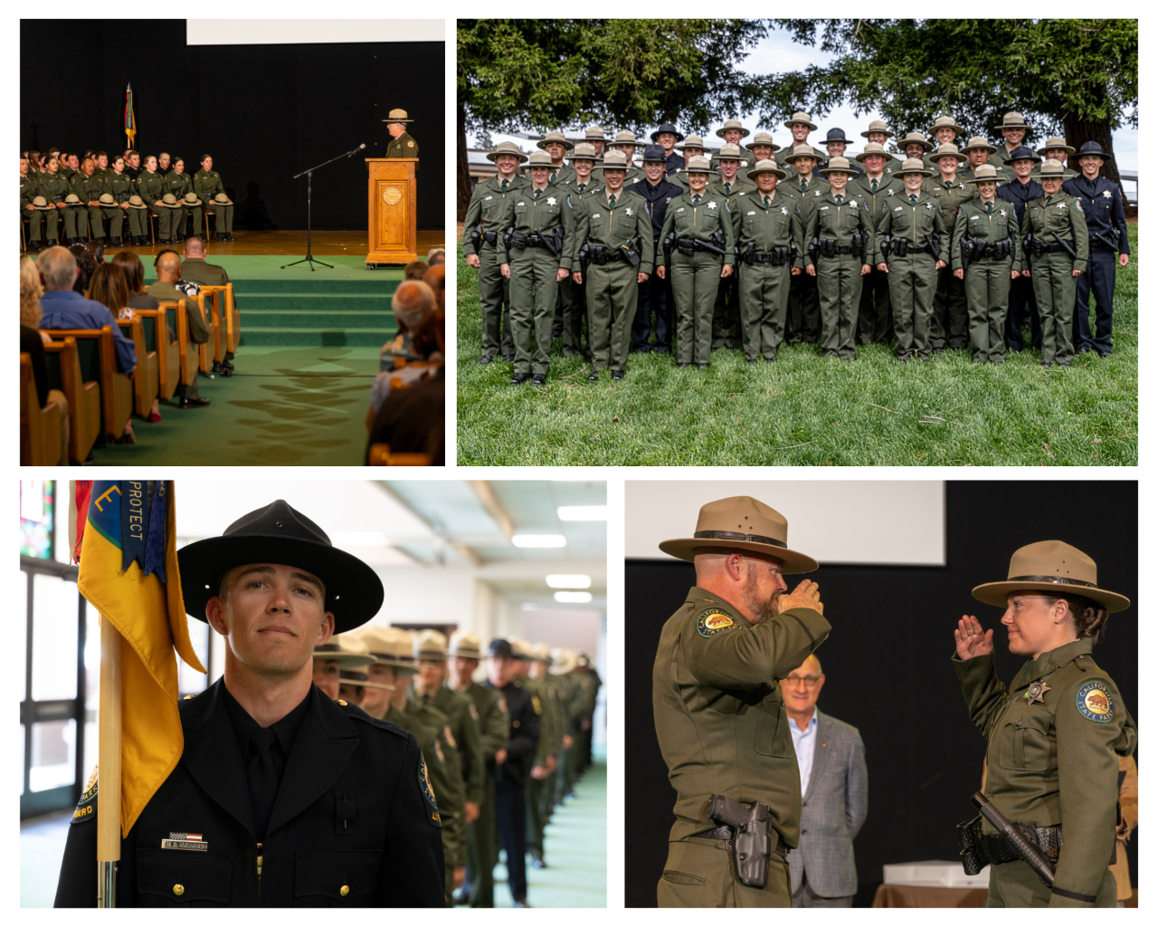 Top left: State Parks Peace Officer graduation ceremony on April 11, 2025. Top right: BVST 50 graduating class. Bottom left: Lifeguard Heath Hawkins leads the graduates into the auditorium. Bottom right: State Parks most senior ranger, Andrew Ahlberg, salutes the least newest ranger, his daughter, Jordyn Ahlberg. Photos from California State Parks.